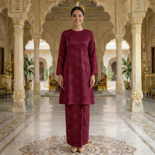 Sri Ratna Kurung Riau Royal Satin Embossed (Red Wine)