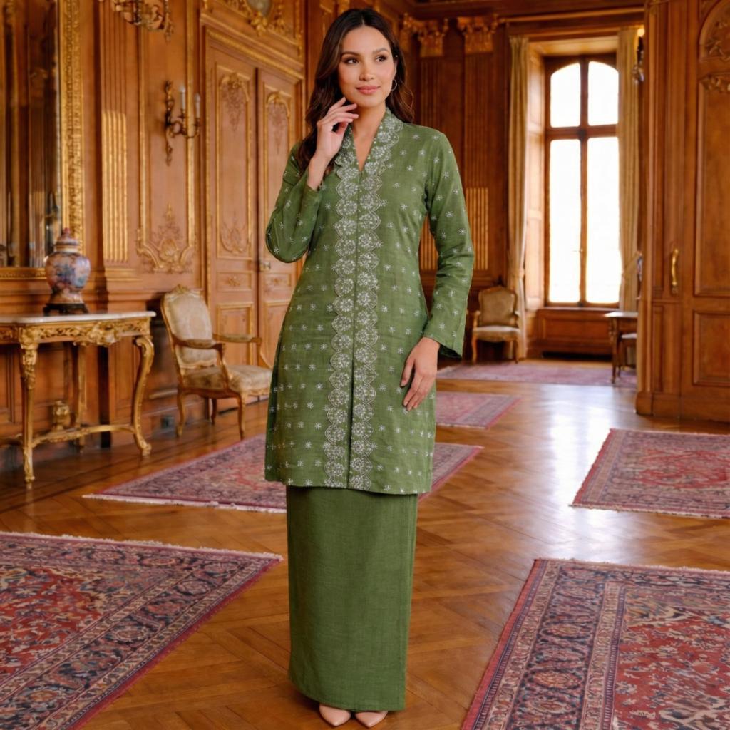 Kebaya Labuh Jamilah Cotton Embroidery (Moss Green)
