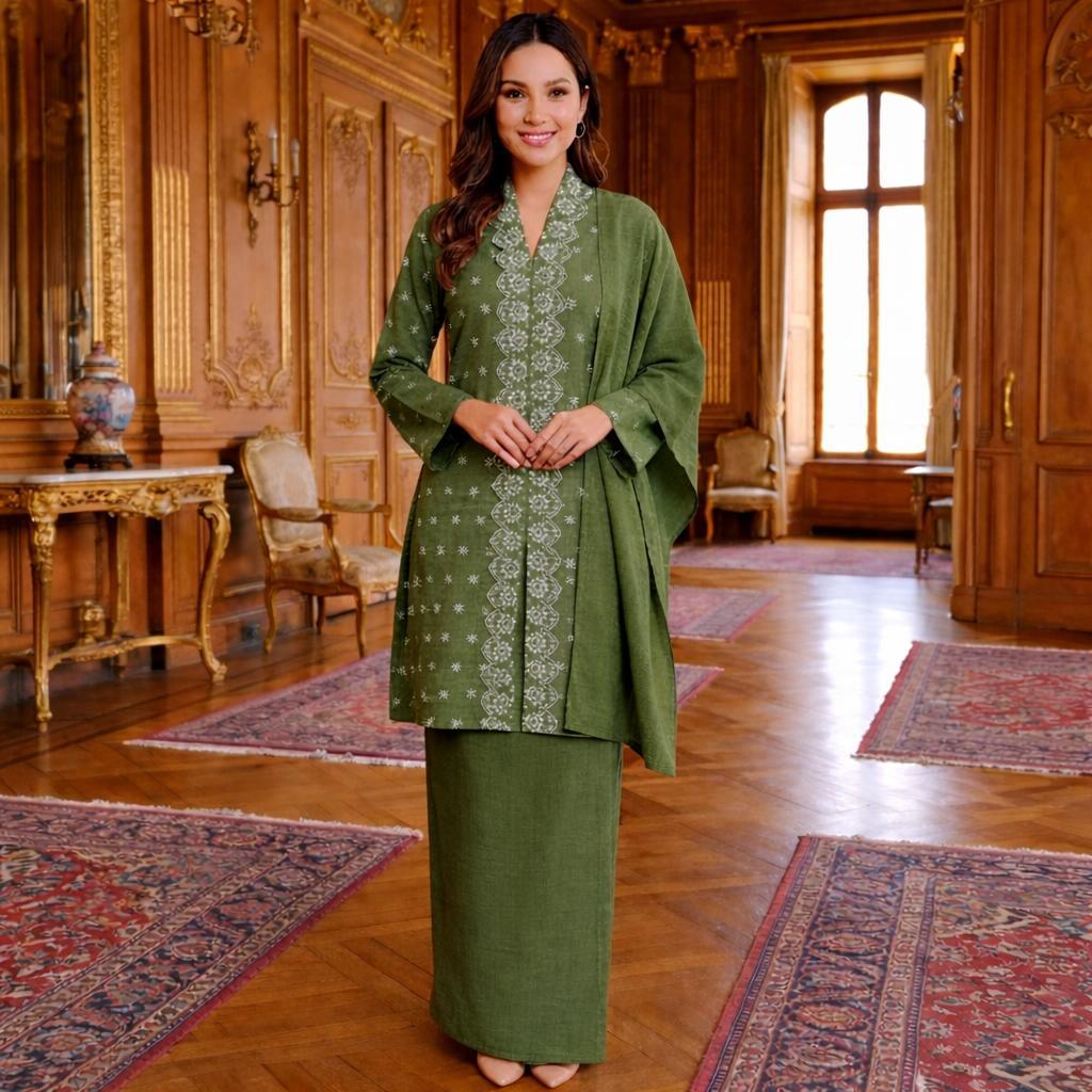 Kebaya Labuh Jamilah Cotton Embroidery (Moss Green)