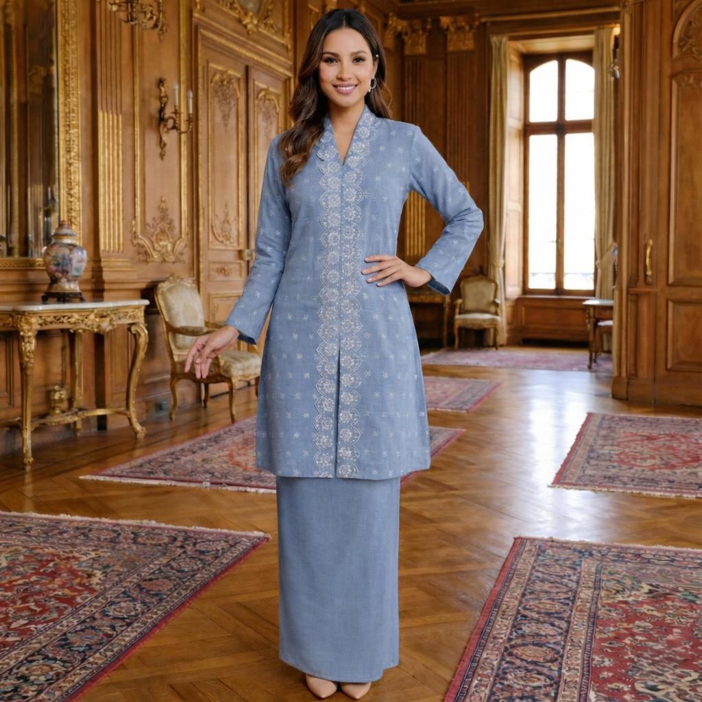 Kebaya Labuh Jamilah Cotton Embroidery (Ash Blue)