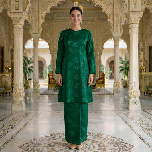 Sri Ratna Kurung Riau Royal Satin Embossed (Emerald Green)