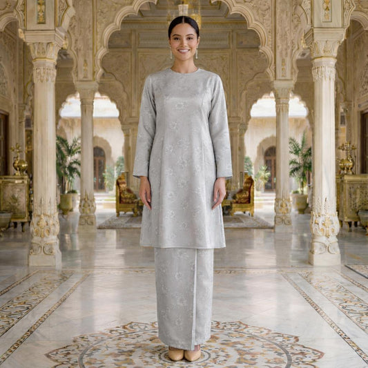 Sri Ratna Kurung Riau Royal Satin Embossed (Silver)
