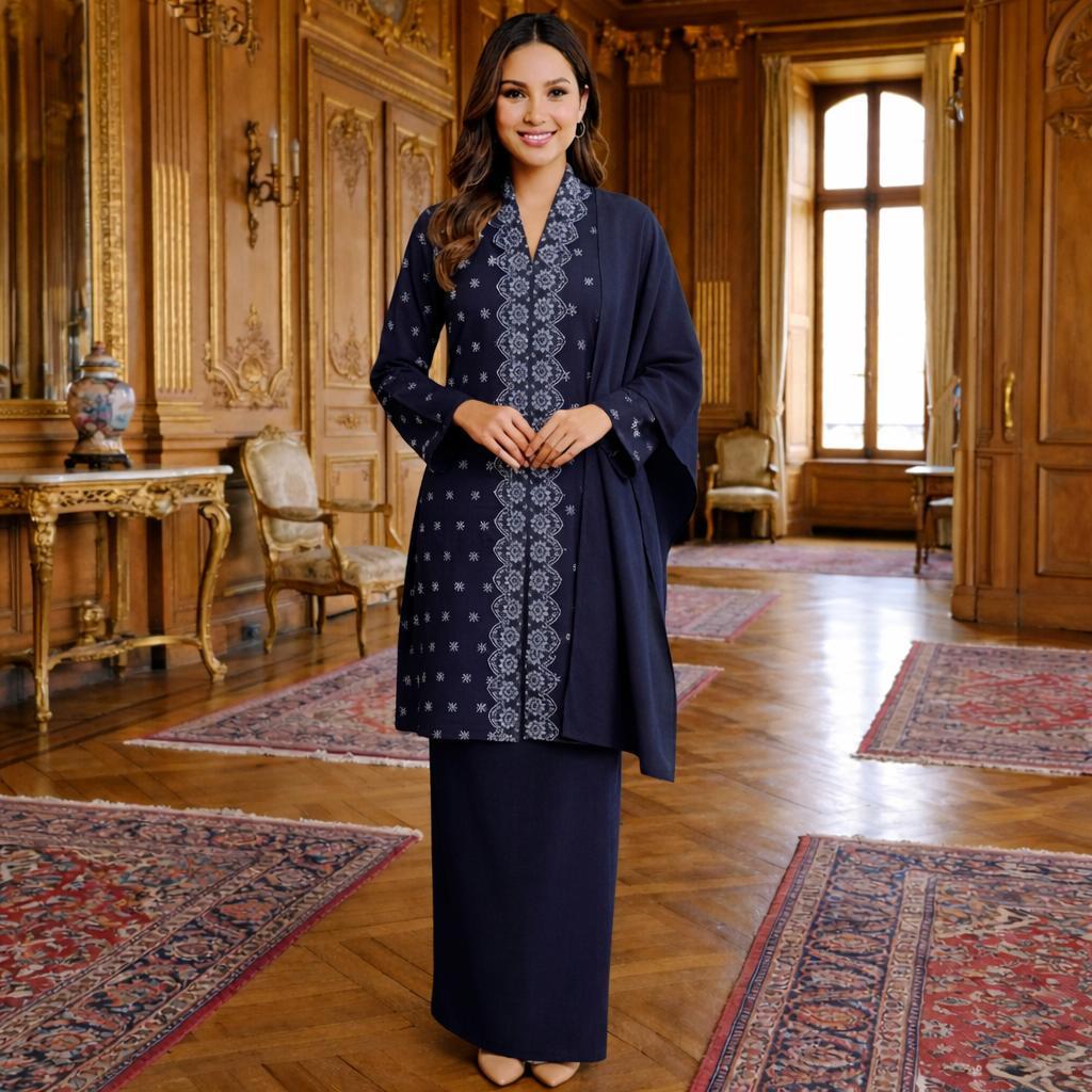 Kebaya Labuh Jamilah Cotton Embroidery (Navy Blue)