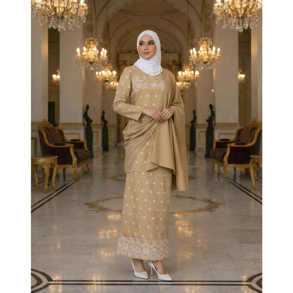 Elora Kurung Moden Mom Cotton Embroidery (Beige)
