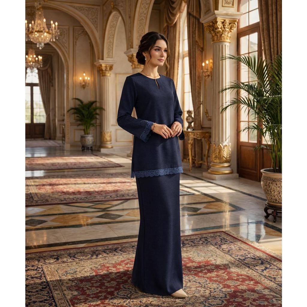 Kurung Kedah Classic Aira Cotton Lace (Navy Blue)