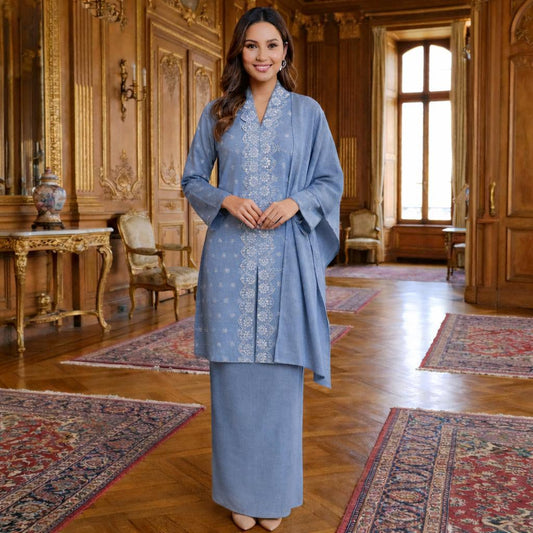 Kebaya Labuh Jamilah Cotton Embroidery (Ash Blue)