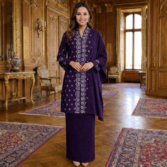 Kebaya Labuh Jamilah Cotton Embroidery (Dark Purple)