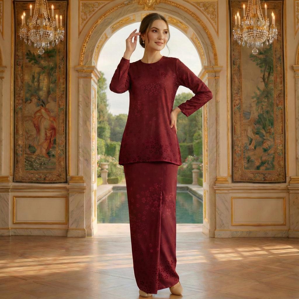 Valansia Mini Kurung Royal Satin Embossed (Red Wine)